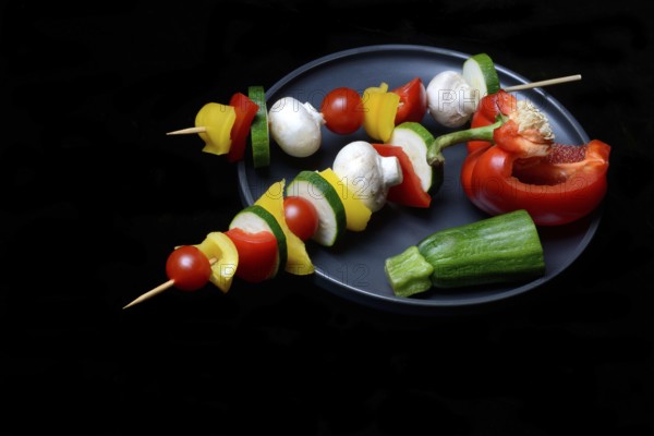 Colourful vegetable skewers on a plate, barbecue skewers