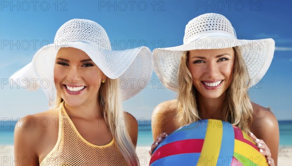 Two young woman in sun hats playing with a beach ball on the beach in the Caribbean
