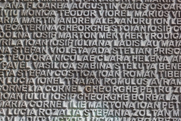 Banat, Timisoara, Timisoara, old town centre, names on a fountain, metal plate with names, Romania, Europe