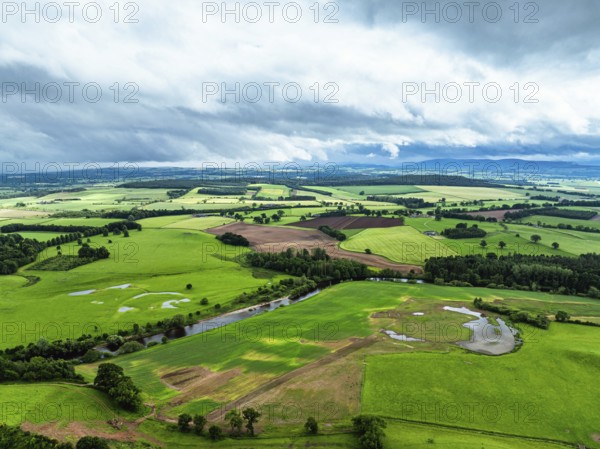 Farms and Fields over River Eden and River Eamont from a drone, Cumbria, England, United Kingdom, Europe