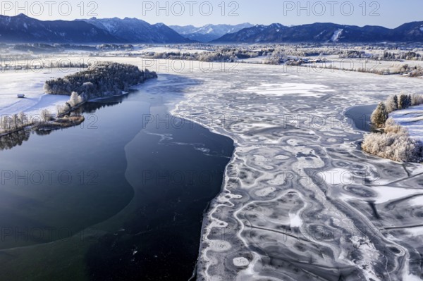 Aerial view of ice formations on a frozen lake, winter, Riegsee, Alpine foothills, Upper Bavaria, Bavaria, Germany, Europe