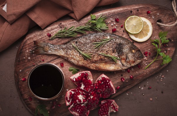 Gebratener Doradenfisch, mit Gewürzen und Kräutern, auf einem Holzbrett, Granatapfelsauce, Nahaufnahme, ohne Personen