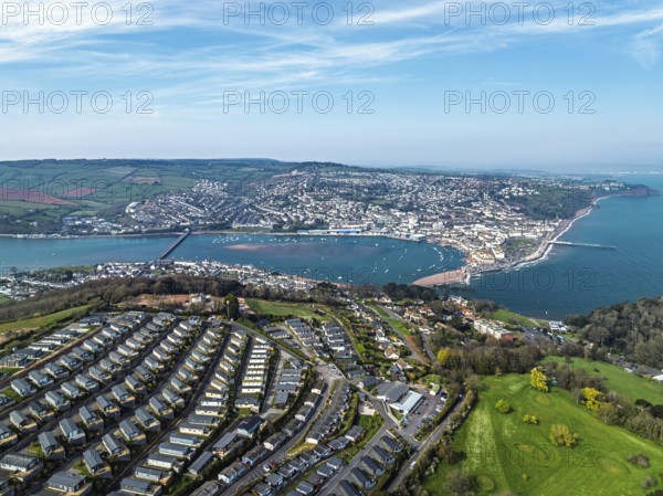 Coast View Holiday Park, Farms and Fields over River Teign from a drone, Teignmouth, Shaldon, Devon, England, United Kingdom, Europe