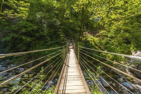 Scenic view of a wooden suspension bridge crossing over a clear stream in the lush tolmin gorges, a popular natural attraction in slovenia