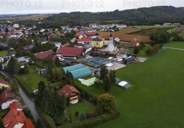 Drone image, residential buildings, view of village with church, Antiesenhofen, Innviertel, Upper Austria, Austria, Europe