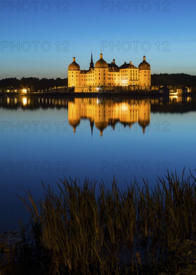 Castle with reflection in the castle pond in the evening, Moritzburg, Saxony, Germany, Europe