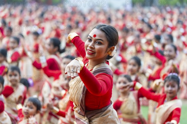 An instructor dance as participants follows the dance step in a Bihu dance workshop ahead of Rongali Bihu Festival, in Guwahati, India on 8 April 2025