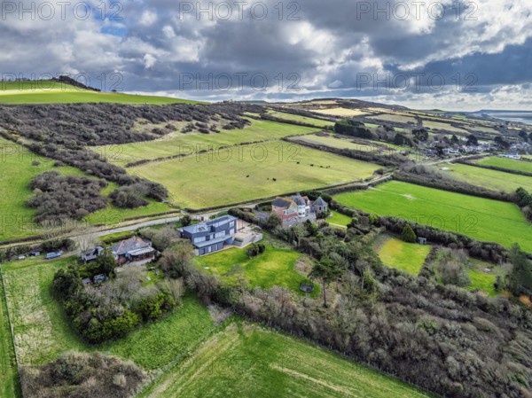 Farms over Swyre and West Bexington from a drone, West Bexington Nature Reserve, S W Coast Path, Dorchester, Dorset, England, United Kingdom, Europe