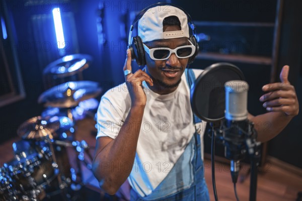 Young fashionable artist wearing headphones and sunglasses, singing into a microphone and recording a song or album in a music studio