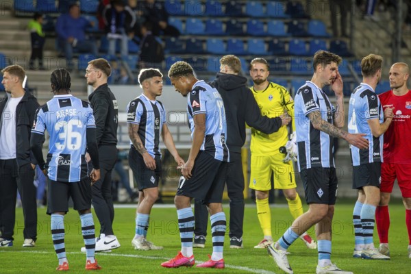 Football 3rd division, 2024/25 season, matchday 32: Waldhof Mannheim vs SpVgg Unterhaching***The SV Waldhof team dejected after the final whistle
