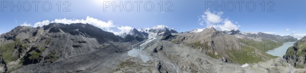 Aerial view, Alpine panorama, mountain landscape with glacier Glacier de Cheilon and summit Mont Blanc de Cheilon and Lac de Dix, Valais, Western Alps, Switzerland, Europe