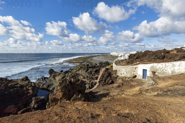 Fishing village on the rocky west coast, black lava coast, coastline, Cumulus, El Golfo, Yaiza, Lanzarote, Spain, Europe