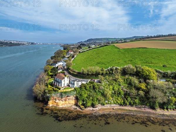 Farms and Fields over River Teign from a drone, Teignmouth, Shaldon, Devon, England, United Kingdom, Europe