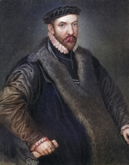 Sir Nicholas Bacon 1510-1579, English politician, father of Francis Bacon. From the book Lodges British Portraits, published in 1823, Historic, digitally restored reproduction from a 19th century original, Record date not stated