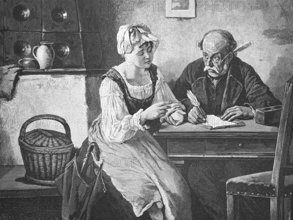 The difficult letter, father and daughter try to formulate a letter together, Historical, digitally restored reproduction from a 19th century original, around 1890, Record date not stated