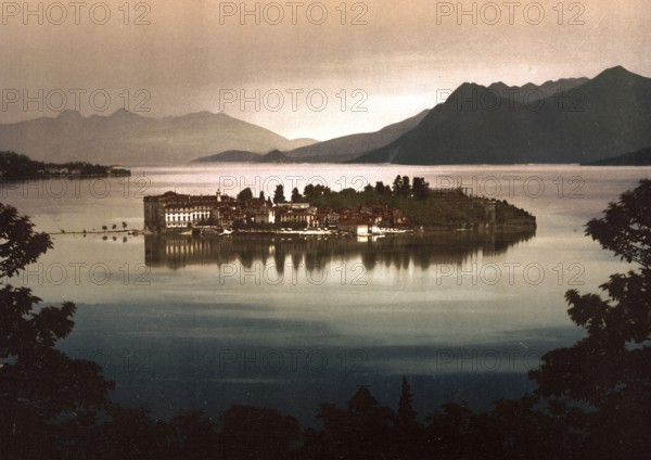 Isola Bella in the moonlight, Lago Maggiore, Italy, Isola Bella by moonlight, Lake Maggiore, Italy, Historical, digitally restored reproduction from a 19th century original, 1880, Record date not stated, Europe
