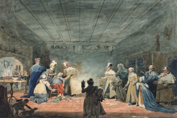 Hospitality of a farmer to travellers in a carriage that has broken down, 1819, England, Historical, Digitally restored reproduction from a 19th century original, Record date not stated