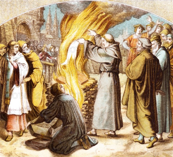 Luther publicly burns the papal bull of excommunication from Pope Leo X, Decet Romanum Pontificem, in 1521, Wittenberg, excommunication of Luther, emergence of Protestantism, wood fire, spectators, stages of Dr Martin Luther's life, coloured illustration ca. 1890