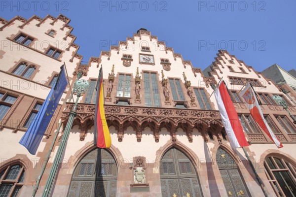 Römer with German national flag, state flag, EU flag, Hessian flag, state flag, Römer, Old Town, Frankfurt am Main, Hesse, Germany, Europe