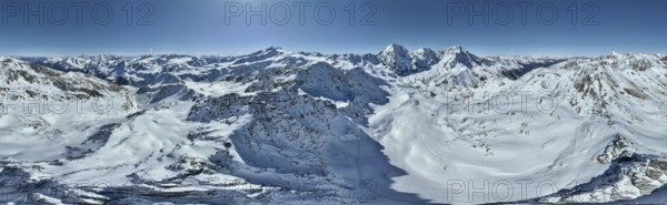 Aerial view, snow-covered mountain landscape, view of Cevedale, Ortler, Monte Zebrù, Königsspitze in the Ortler group, Trento, Italy, Europe