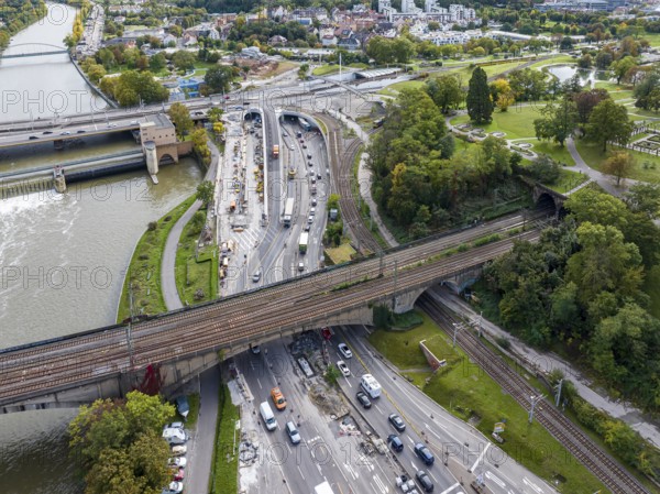 Leuzeknoten, construction site for the reorganisation of the traffic junction, federal highway B10 and B14. Aerial view with Rosensteinpark, railway tracks and Neckar. Stuttgart, Baden-Württemberg, Germany, Europe