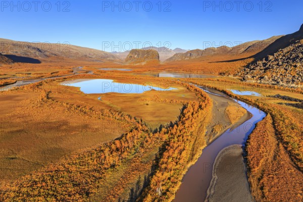 Lake, river, river delta, autumn colours, autumn, mountains, sunny, aerial view, Rapadalen, view of Nammatj and Sarek National Park, Laponia, Lapland, Sweden, Europe