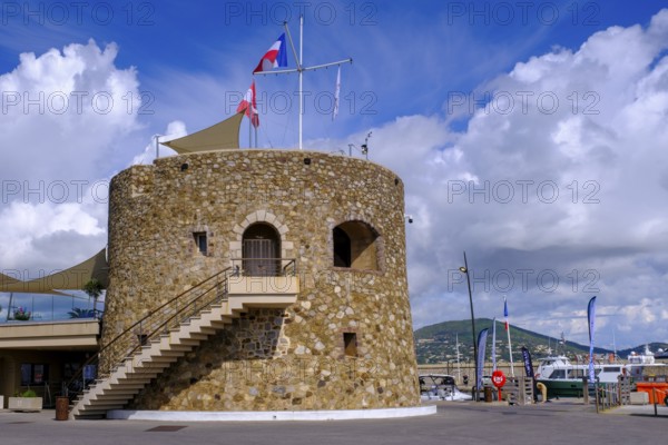 Tower in the harbour of Saint Tropez, Var, French Riviera, Provence-Alpes-Cote d'Azur, Cote d Azur, France, Europe