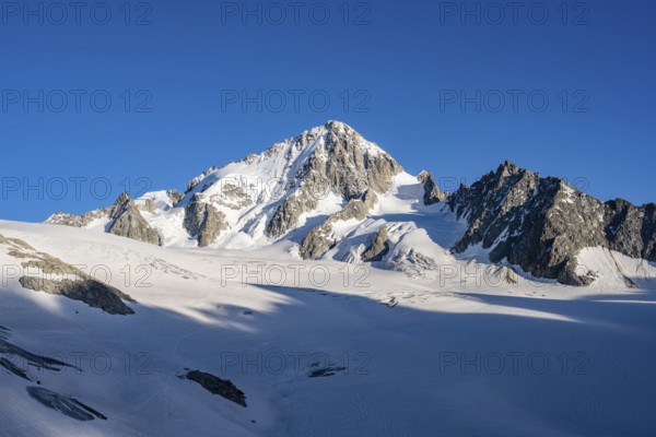 High alpine mountain landscape, summit of the Aiguille de Chardonnet and Glacier du Tour, glaciers and mountain peaks, Chamonix, Haute-Savoie, France, Europe