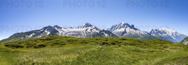 Mountain panorama with glaciated mountain peaks, Aiguille de Chardonnet with Glacier du Tour, Aiguille Verte with Aiguille du Midi and Mont Blanc, hike to Aiguillette des Posettes, Chamonix, Haute-Savoie, France, Europe