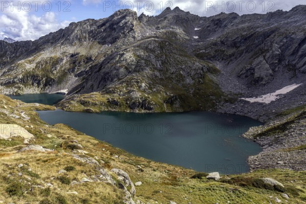Lago Superiore and Lago di Sassola, behind Ticino mountains, Sambuco valley, Vale Sambuco, near Fusio, Lavizzara, Canton Ticino, Switzerland, Europe