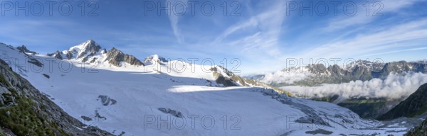 High alpine mountain landscape, summit of the Aiguille de Chardonnet and Glacier du Tour, glaciers and mountain peaks, Chamonix, Haute-Savoie, France, Europe