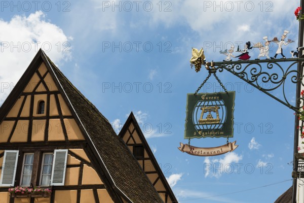 Restaurant sign, Eguisheim, Plus beaux villages de France, Haut-Rhin, Alsace, Alsace, France, Europe