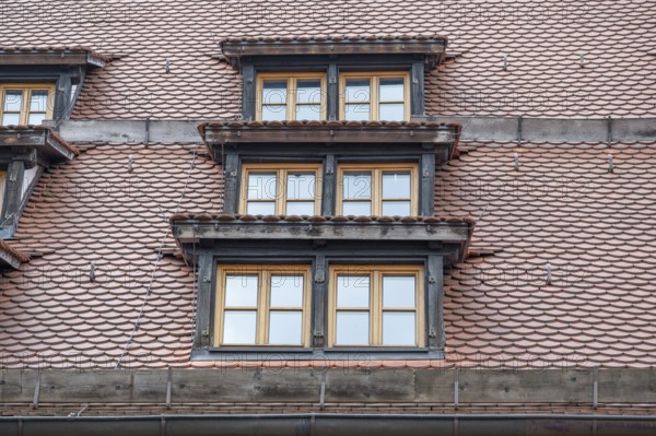 Dormer windows on the historic Unschlitthaus, built in 1491, Obere Wörthstr. 26, Nuremberg, Middle Franconia, Bavaria, Germany, Europe
