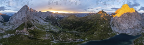 Alpine panorama, Hohe Warte and Wolayersee, sunset in the mountains, aerial view, Carnic Alps, Carnic Alps main ridge, Austria, Europe