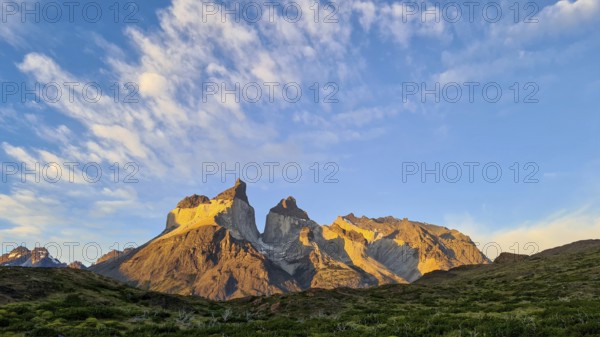 Los Cuernos, the horns, in the evening light, Torres del Paine National Park, Andes, Chile, South America
