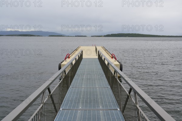 Tranquil fjord landscape with boat jetty in the fjord, Molde, Romsdal, Norway, Europe