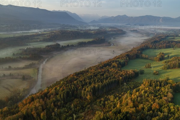 Aerial view of a mountain landscape with river, morning light, mountains, fog, autumn, view of Zugspitze and Bavarian Alps, foothills of the Alps, Bavaria, Germany, Europe