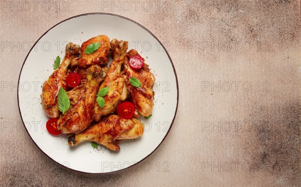 Fried chicken legs, in soy sauce, spices, herbs, top view, homemade