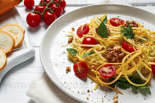 Yellow zucchini salad, with cherry, vegetarian food, sliced into strips, homemade