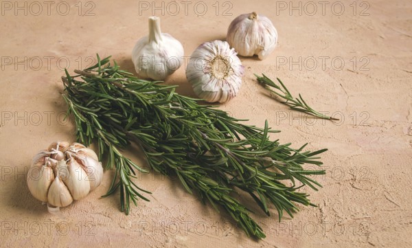 Fresh bunch of rosemary with garlic, on a beige background, food concept