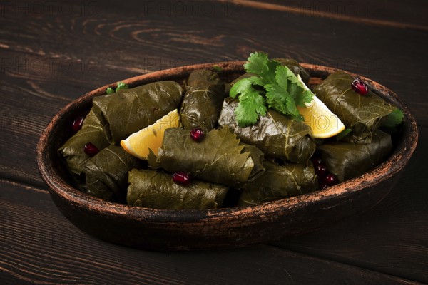 Dolma (Tolma) stuffed rolls, minced meat with rice, in grape leaves, top view, no people, close-up