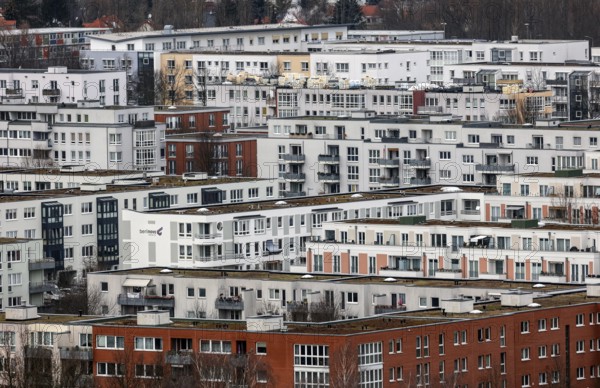 View of high-rise buildings and apartment blocks in the Berlin district of Marzahn-Hellersdorf, Berlin, 12/02/2023
