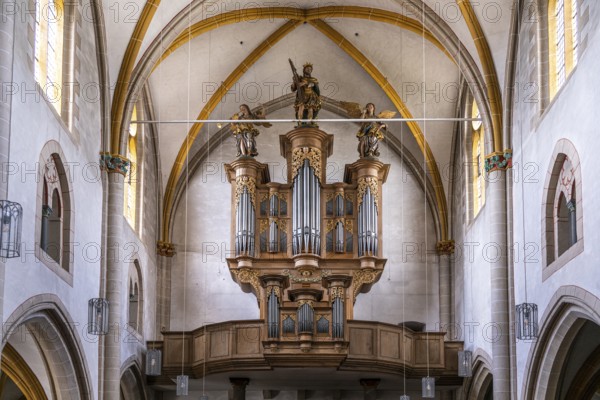 Baroque organ by organ builder Johann Michael Stumm in the interior of the collegiate church of St Castor in Karden, Treis-Karden, Rhineland-Palatinate, Germany, Europe