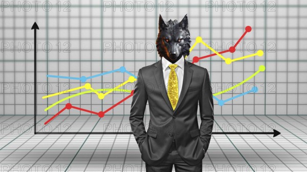 Symbolic image, wolf in a suit, stock market, industry, economy critical, exploitation, stress, trade union, pay, wage increase, insolvency, wrong decisions, unemployment, profit, profit slump, share prices, Germany as a business location, global economy, globalisation