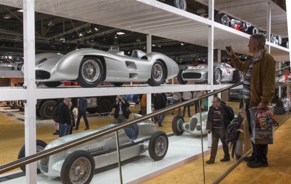Mercedes Benz racing cars are on display at Techno Classica, the trade fair for vintage, classic and prestige cars, motorsport, motorbikes, spare parts and restoration, Essen, 27 March 2014, Essen, North Rhine-Westphalia, Germany, Europe