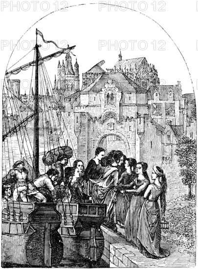 Scene from the Ursula shrine in Bruges, artist Hans Memling, 15th century, cityscape, city gate, harbour, sailing ship, Belgium, historical illustration 1880, Europe