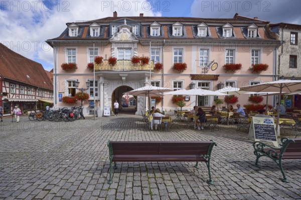 Market square with confectionery and cafe Leyhausen in Michelstadt, Odenwald, Odenwaldkreis, Hesse, Germany, Europe