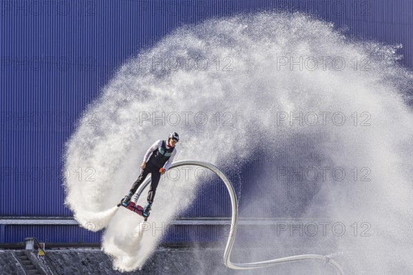 Harbour festival in Stuttgart. Spectacular jet ski and flyboard show on the Neckar. Stuttgart, Baden-Württemberg, Germany, Europe