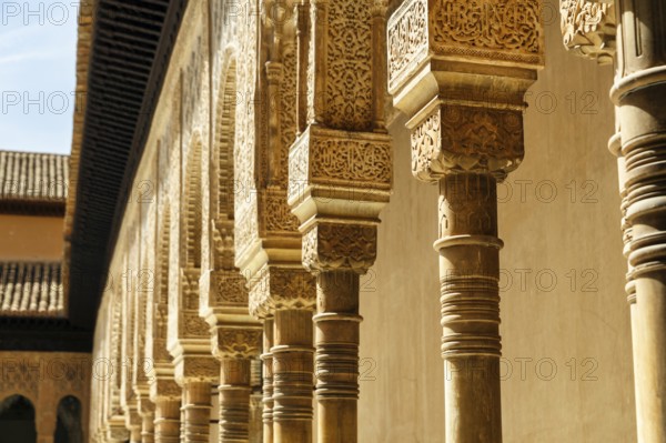 Colonnade, marble columns, arabesque Moorish architecture, Court of the Lions, Nasrid Palaces, Alhambra, Granada, Andalusia, Spain, Europe