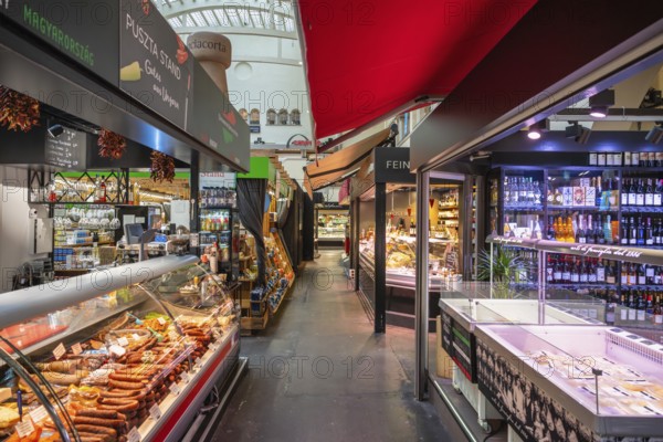 Various market stalls with delicatessen products from different nations in the Markthalle Stuttgart, Baden-Württemberg, Germany, Europe